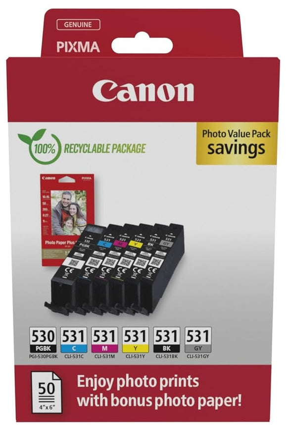 Canon Photo Value 6 Colour Ink Cartridges PGI-530PGBK/CLI-531BKCMYGY - 6117C004