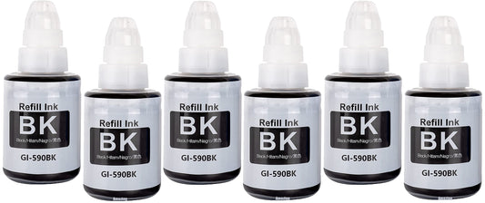 6 Compatible Black Ink Bottles, For Canon GI590BK, GI-590BK, Non-OEM