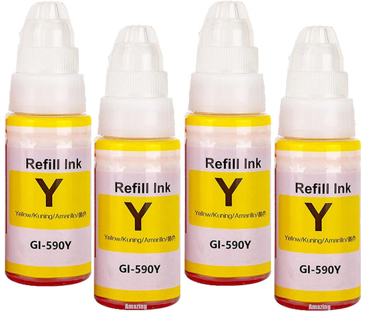 4 Compatible Yellow Ink Bottles, For Canon GI590Y, GI-590Y, Non-OEM