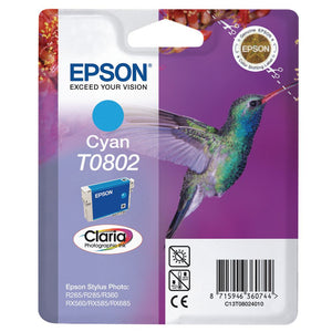 Genuine Epson T0802, Hummingbird Cyan Ink Cartridge, TO802, C13T08014010